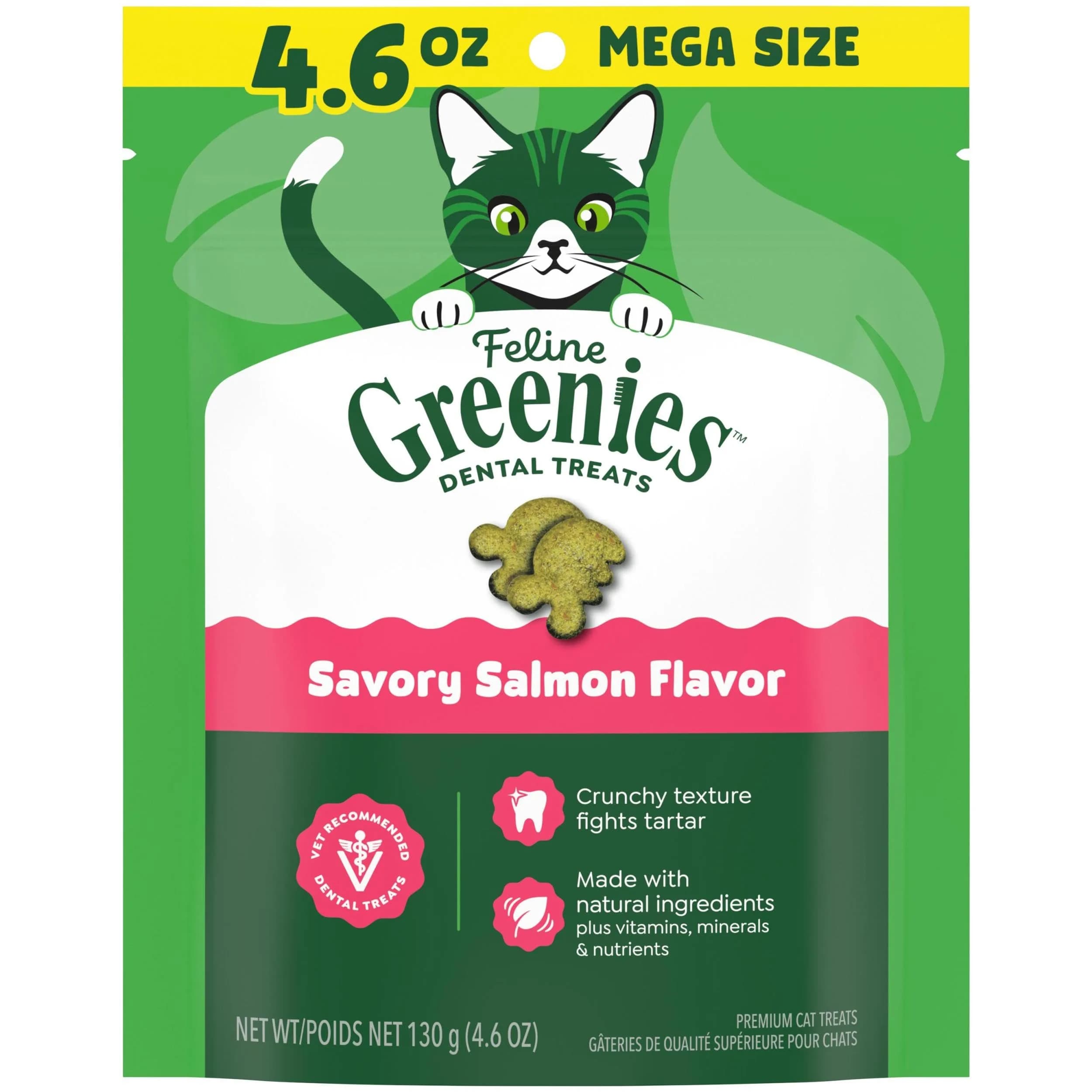 Greenies Feline Natural Crunchy Dental Cat Treats Salmon Flavor 9.75 oz (276 g) | Vet-Recommended Oral Care — Salmon / 4.6 Ounce