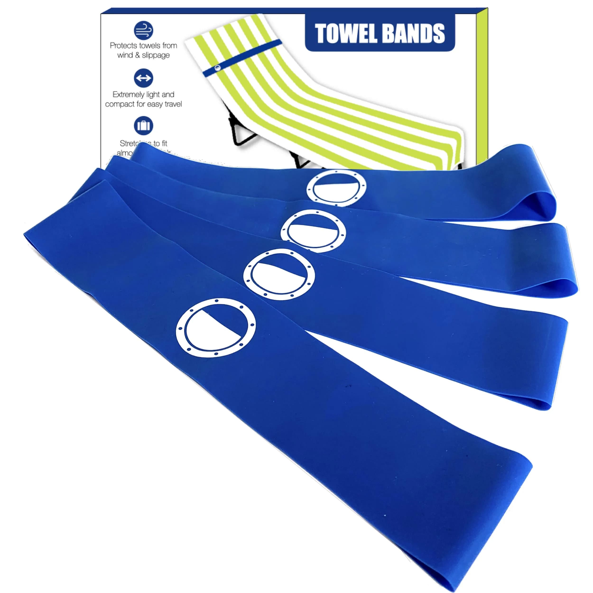 Cruise On Towel Bands for Cruise Chairs 4 Pack | Blue & Teal, Latex-Free, Lounge Use — Extendable Blue Clasps ( )