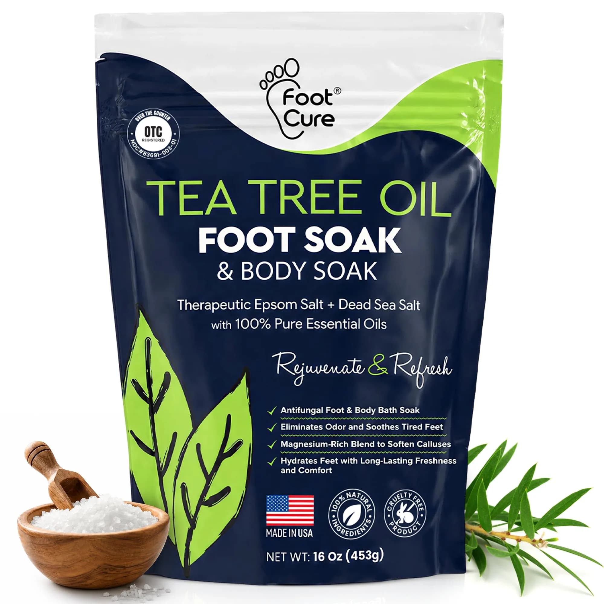 FOOT CURE Tea Tree Oil Epsom Salt Foot Soak 473ml (16 Fl Oz) | Softens Calluses & Refreshes Tired Feet - main product image