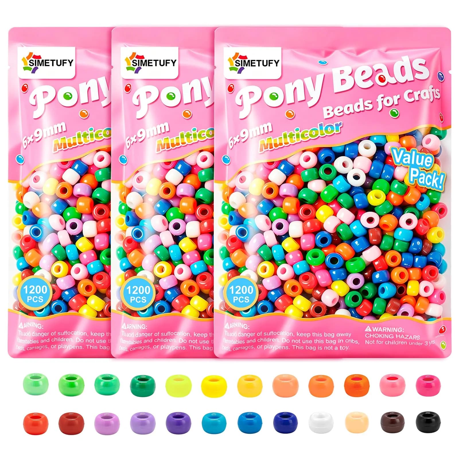 Simetufy Pony Beads 1200 pcs Macaron Pastel Colored Beads for Crafts | 6x9mm Plastic Beads for Jewelry & DIY Projects — 3600 Classic