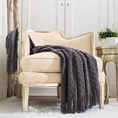 CREVENT Knitted Decorative Throw Blanket for Couch Sofa Chair Bed, Soft Breathable Lightweight for Spring Summer 127cm x 152cm (50''X60'') Dark Grey/Black | Elegant Geometric Pattern with Tassels thumbnail 1