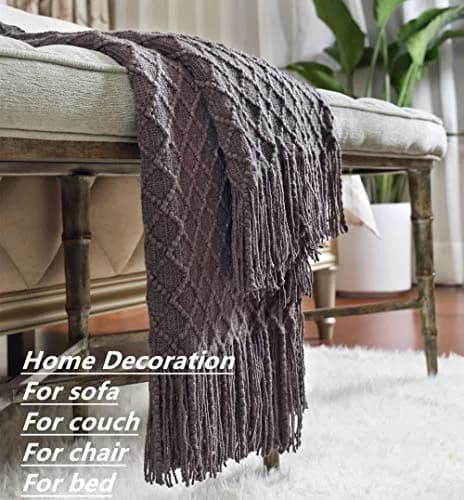 CREVENT Knitted Decorative Throw Blanket for Couch Sofa Chair Bed, Soft Breathable Lightweight for Spring Summer 127cm x 152cm (50''X60'') Dark Grey/Black | Elegant Geometric Pattern with Tassels thumbnail 4