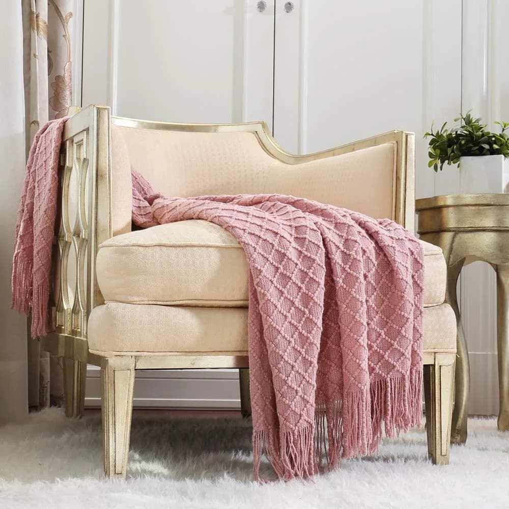 CREVENT Light Blush Pink Knit Throw Blanket 127cm x 152cm | Soft Bohemian Crochet with Tassels