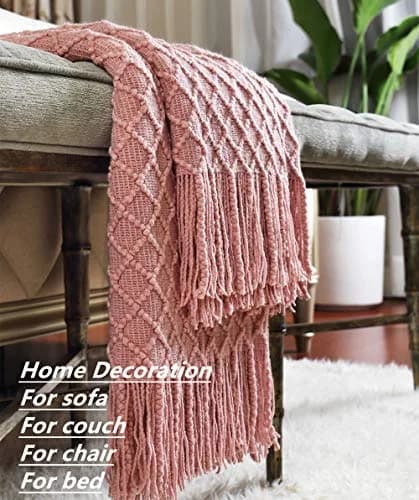 CREVENT Light Blush Pink Knit Throw Blanket 127cm x 152cm | Soft Bohemian Crochet with Tassels thumbnail 4