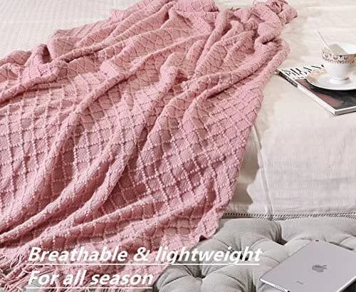CREVENT Light Blush Pink Knit Throw Blanket 127cm x 152cm | Soft Bohemian Crochet with Tassels thumbnail 3
