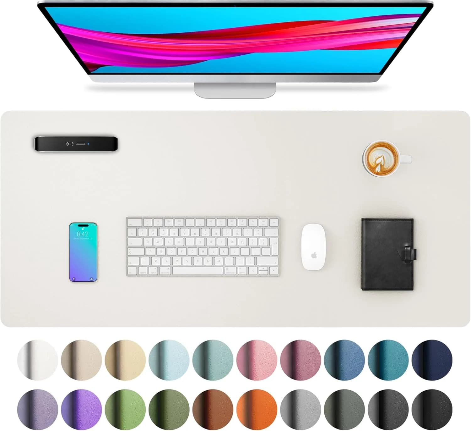 Aothia Off-White PU Leather Desk Pad Protector, Mouse Pad, Office Desk Mat, 31.5" x 15.7" | Protects Desk from Scratches, Stains, Spills