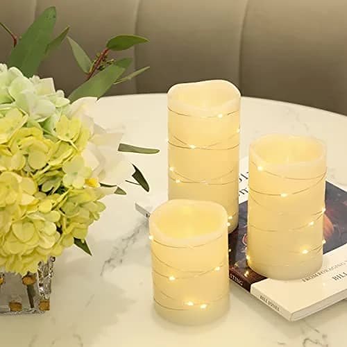 H-BLOSSOM Flickering Flameless Candles Set of 3 (3" x 4"/5"/6") Ivory Real Wax Pillar with Embedded String Lights | Battery Operated with 5H Timer thumbnail 5