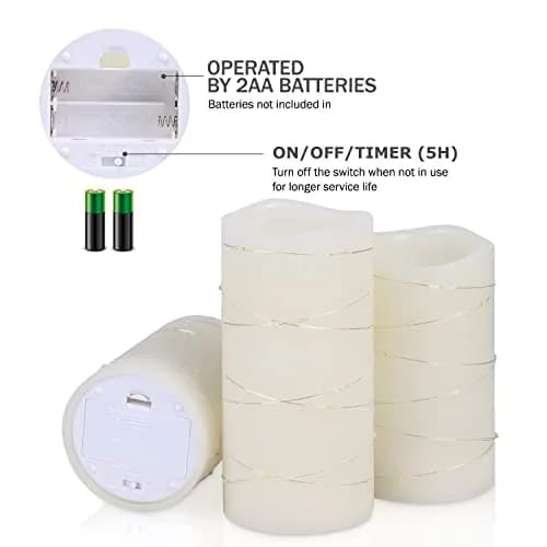 H-BLOSSOM Flickering Flameless Candles Set of 3 (3" x 4"/5"/6") Ivory Real Wax Pillar with Embedded String Lights | Battery Operated with 5H Timer thumbnail 7
