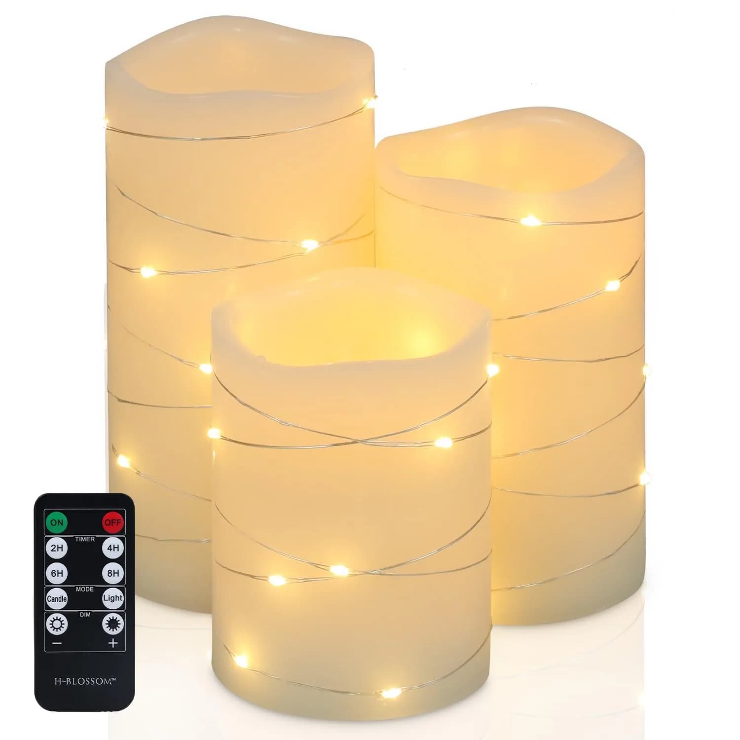 H-BLOSSOM Flickering Flameless Candles Set of 3 (3" x 4"/5"/6") Ivory Real Wax Pillar with Embedded String Lights | Battery Operated with 5H Timer