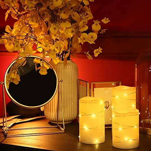 H-BLOSSOM Flickering Flameless Candles Set of 3 (3" x 4"/5"/6") Ivory Real Wax Pillar with Embedded String Lights | Battery Operated with 5H Timer thumbnail 2