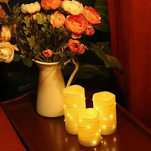 H-BLOSSOM Flickering Flameless Candles Set of 3 (3" x 4"/5"/6") Ivory Real Wax Pillar with Embedded String Lights | Battery Operated with 5H Timer thumbnail 3