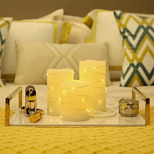 H-BLOSSOM Flickering Flameless Candles Set of 3 (3" x 4"/5"/6") Ivory Real Wax Pillar with Embedded String Lights | Battery Operated with 5H Timer thumbnail 4