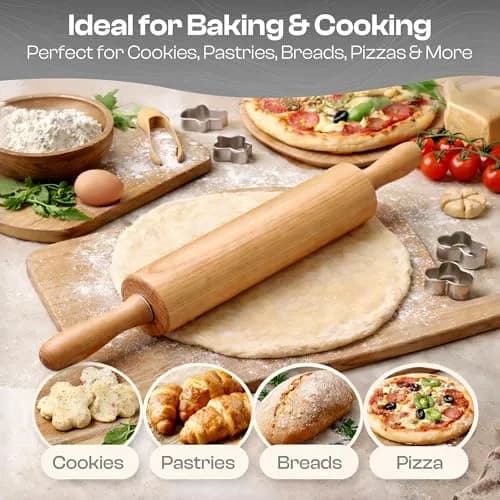 HELFERX Beech Wood Rolling Pin 44.7 cm (17.6 Inches) | Smooth Rolling for All Doughs thumbnail 4