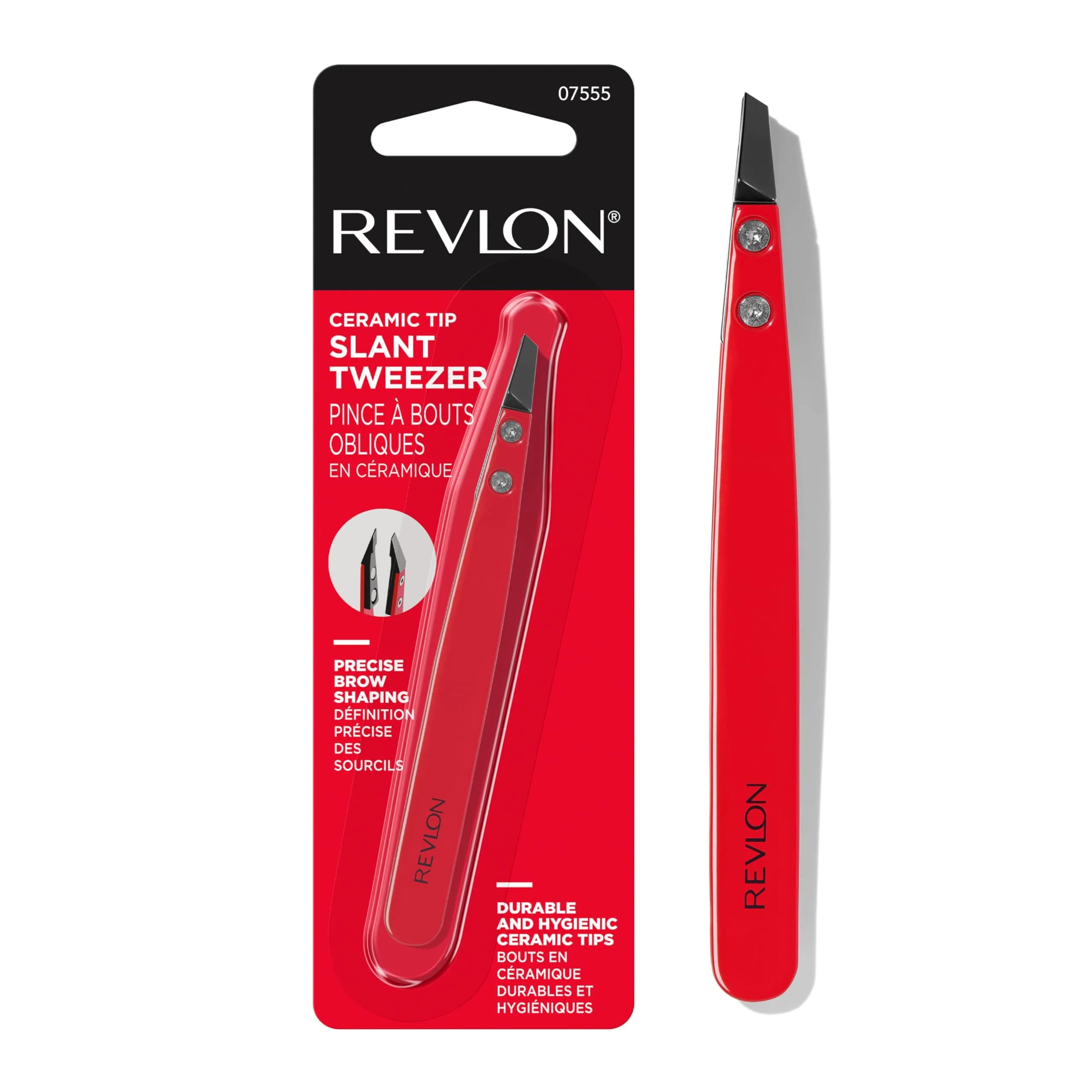 Revlon Ceramic Slanted Tip Tweezers, Precision For Eyebrow Shaping and Fine Hair Removal, Stainless Steel Body, Red, 1 Count | Hand-Finished Ceramic Tip