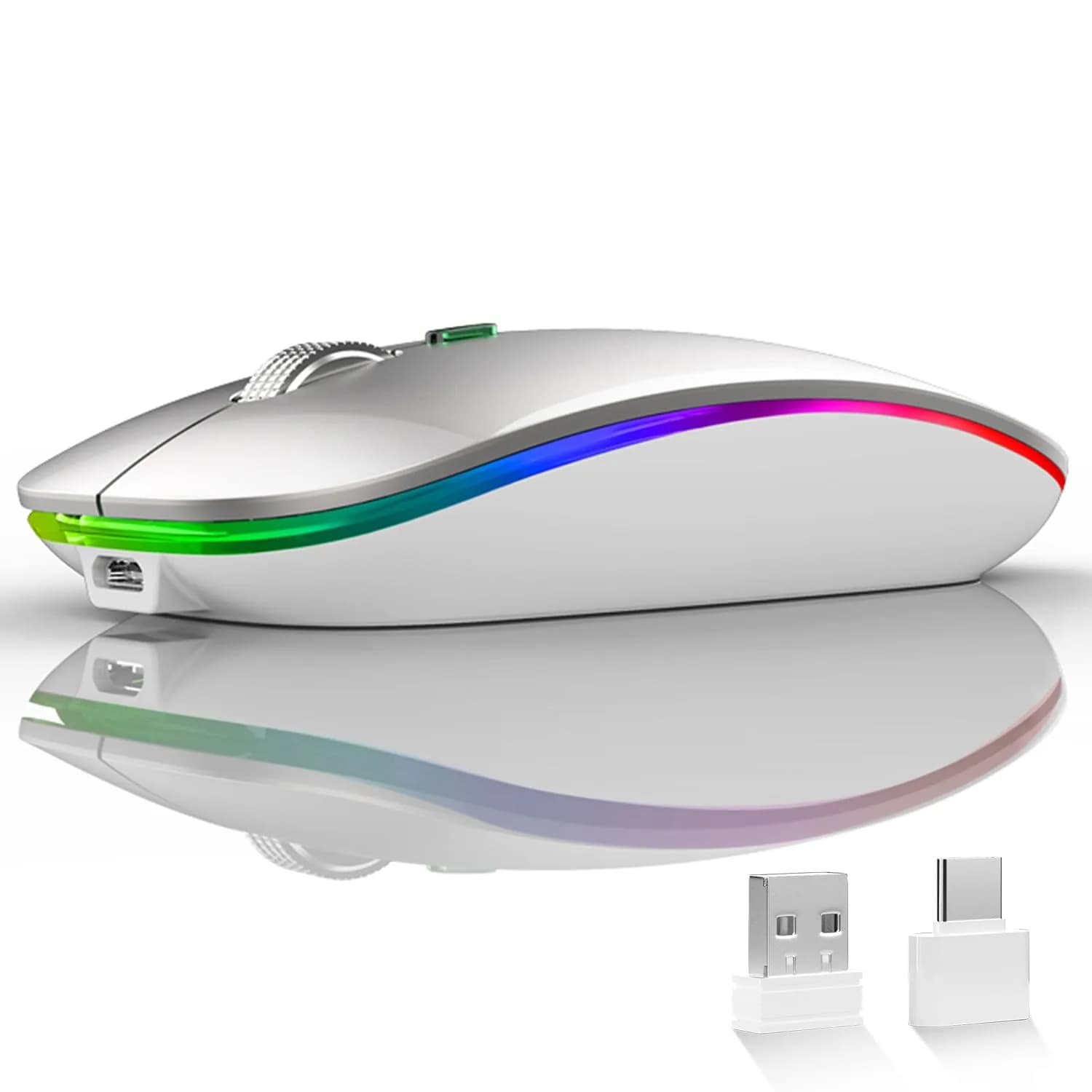 Uiosmuph G12 LED Wireless Mouse, Rechargeable Silent Mouse with USB C Adapter, 1600DPI Optical, 4.4 x 2.22 x 0.79 inches, Silver | Modern Style — Silver