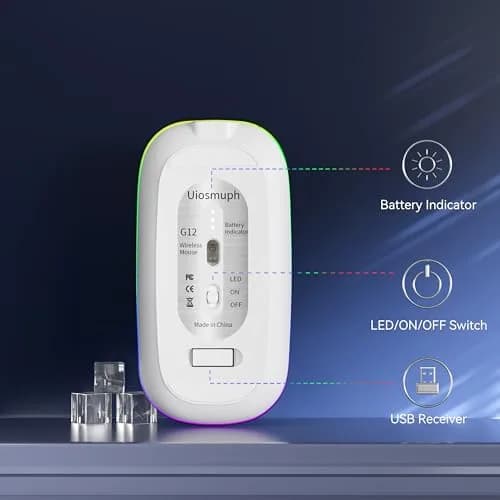 Uiosmuph G12 LED Wireless Mouse, Rechargeable Silent Mouse with USB C Adapter, 1600DPI Optical, 4.4 x 2.22 x 0.79 inches, Silver | Modern Style thumbnail 5