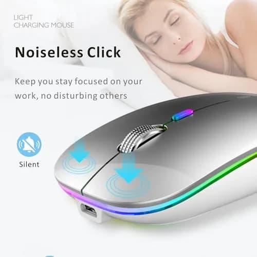 Uiosmuph G12 LED Wireless Mouse, Rechargeable Silent Mouse with USB C Adapter, 1600DPI Optical, 4.4 x 2.22 x 0.79 inches, Silver | Modern Style thumbnail 7