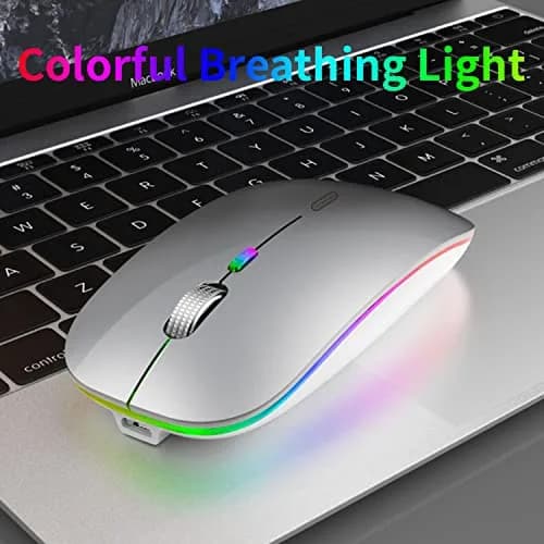 Uiosmuph G12 LED Wireless Mouse, Rechargeable Silent Mouse with USB C Adapter, 1600DPI Optical, 4.4 x 2.22 x 0.79 inches, Silver | Modern Style thumbnail 2