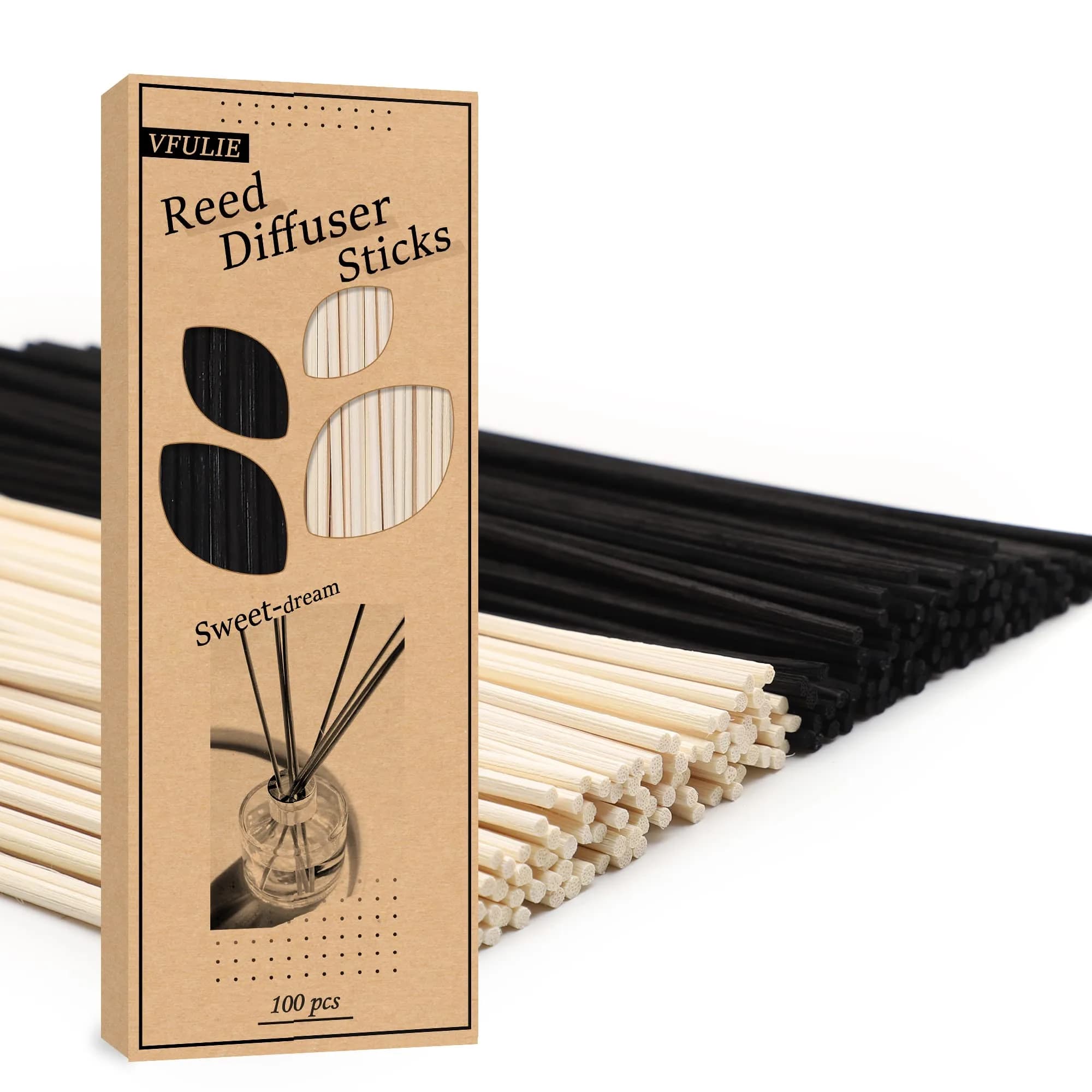 VFULIE 100PCS Reed Diffuser Sticks 10 inches (25.4 cm) | Natural Rattan for Home & Office Fragrance — Black and White