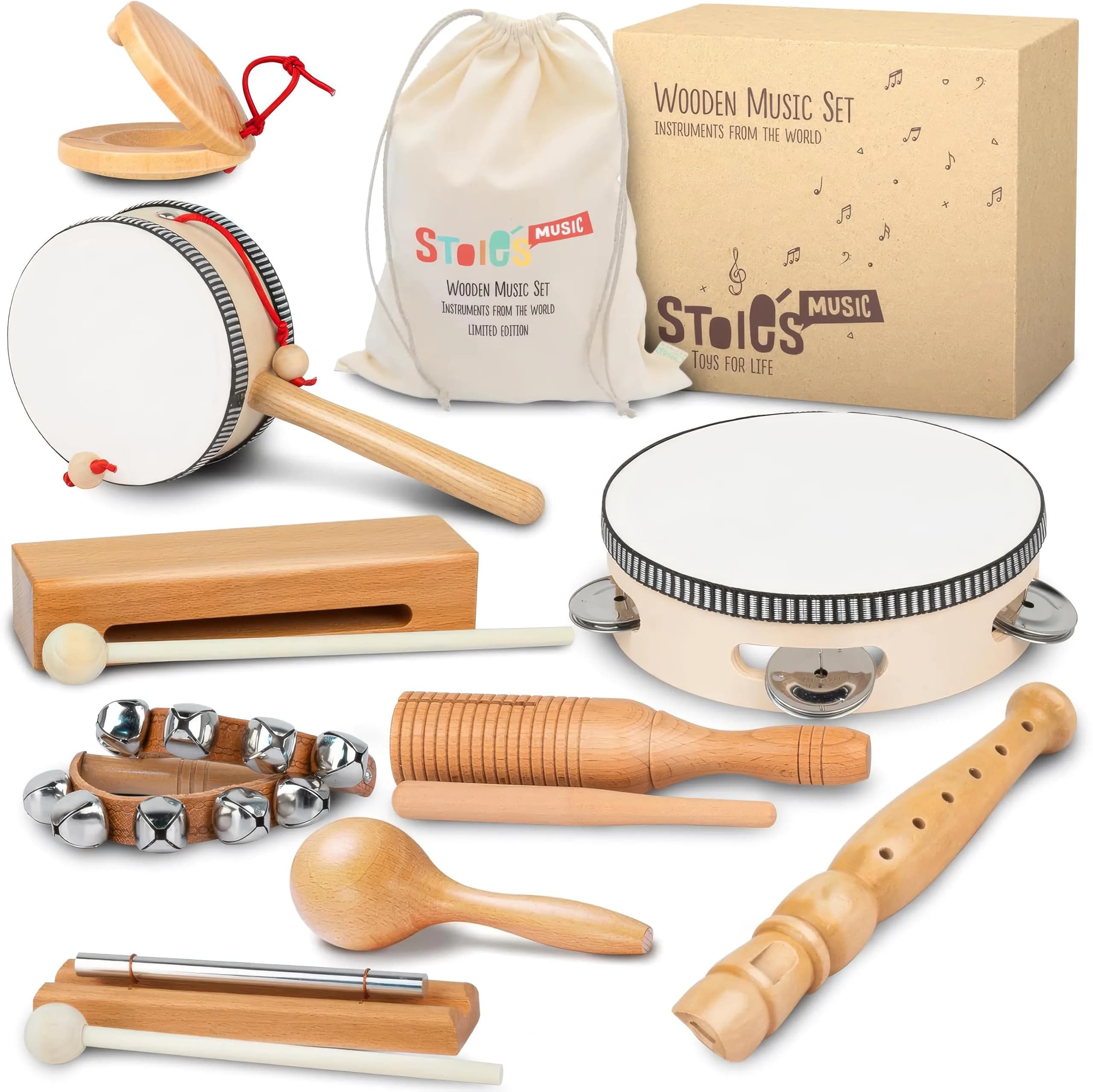 Stoie’s Wooden Musical Instruments for Kids Ages 3+ | Montessori Music Toy Set with 13 Instruments - main product image