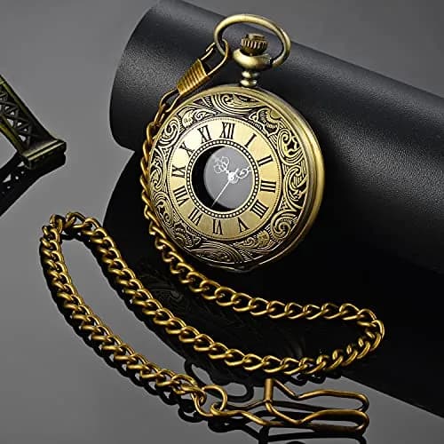 LYMFHCH Vintage Pocket Watch with Chain, 4.6cm Case | Classic Roman Numerals Quartz Wristwatch for Gifts thumbnail 8