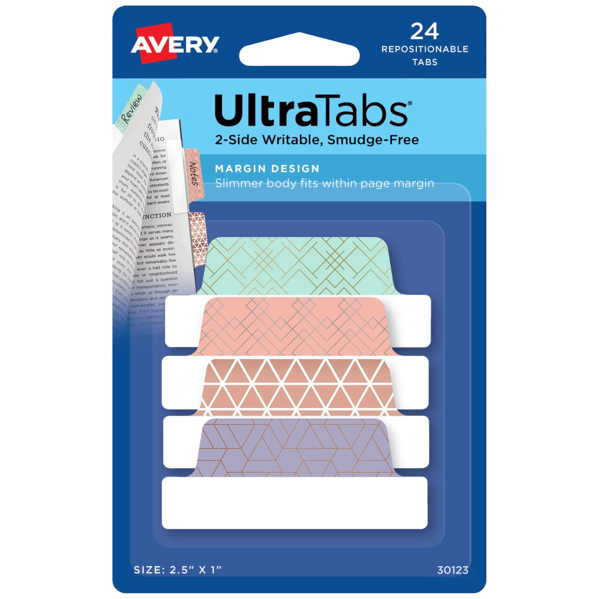 Avery Margin Ultra Tabs, 2.5" x 1" | Assorted Metallic Geometric Designs, 24 Repositionable Page Tabs - main product image