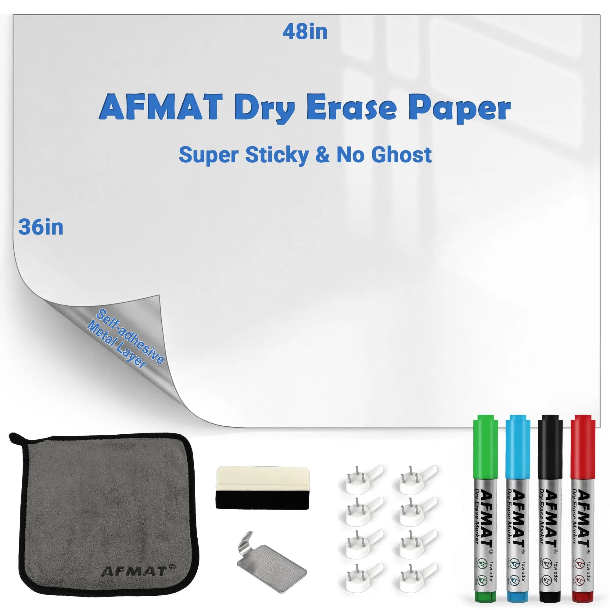 AFMAT Dry Erase Whiteboard Paper 6x4ft | No Ghosting, Thick PET Surface, Easy Peel & Stick Wall Decal — 48"W x 36"H