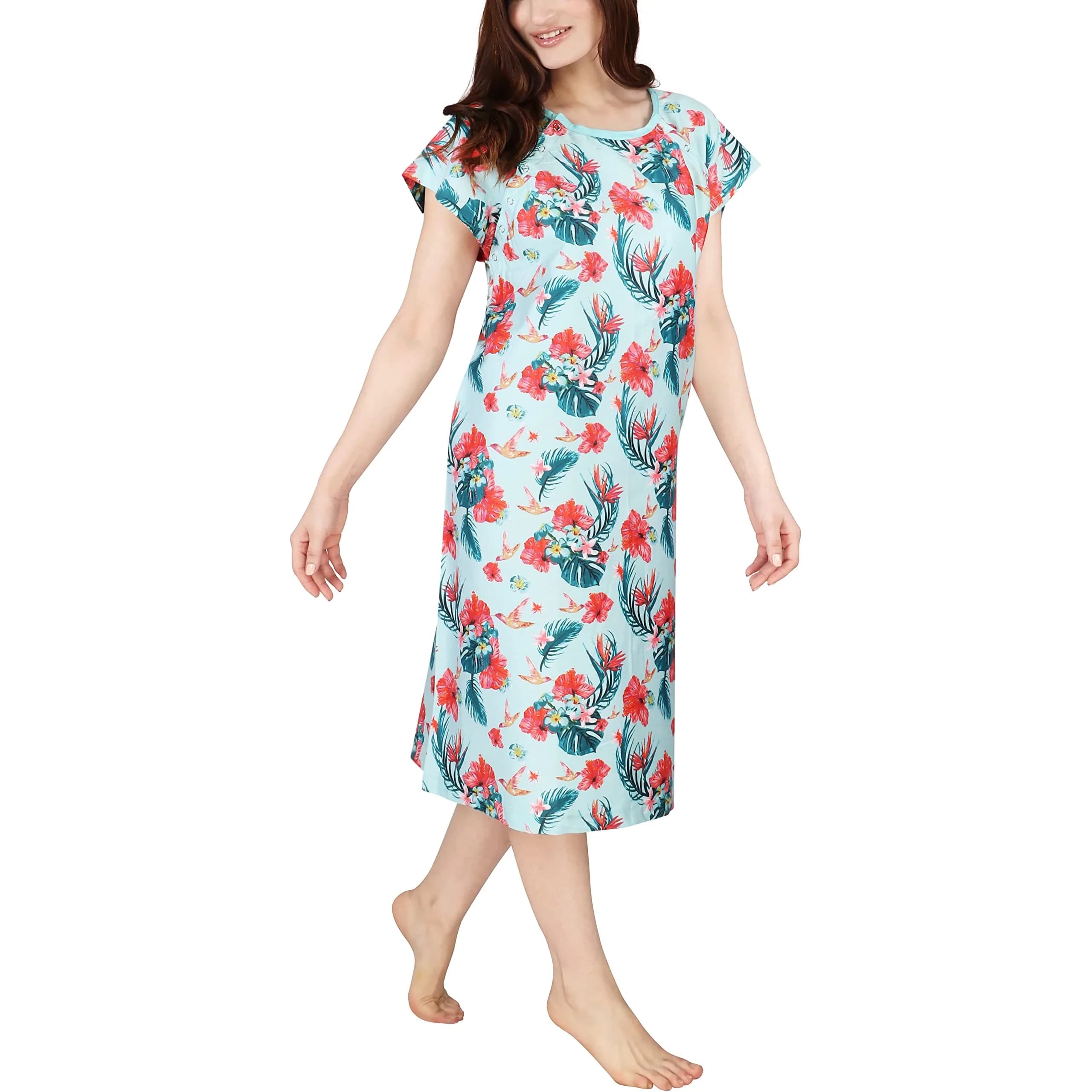 Utopia Care Women's Hospital Gown Small-Medium Polkadots Blue | Easy Access Snap Front & Back for Maternity, Nursing, Recovery — Floral Blue / Small-Medium
