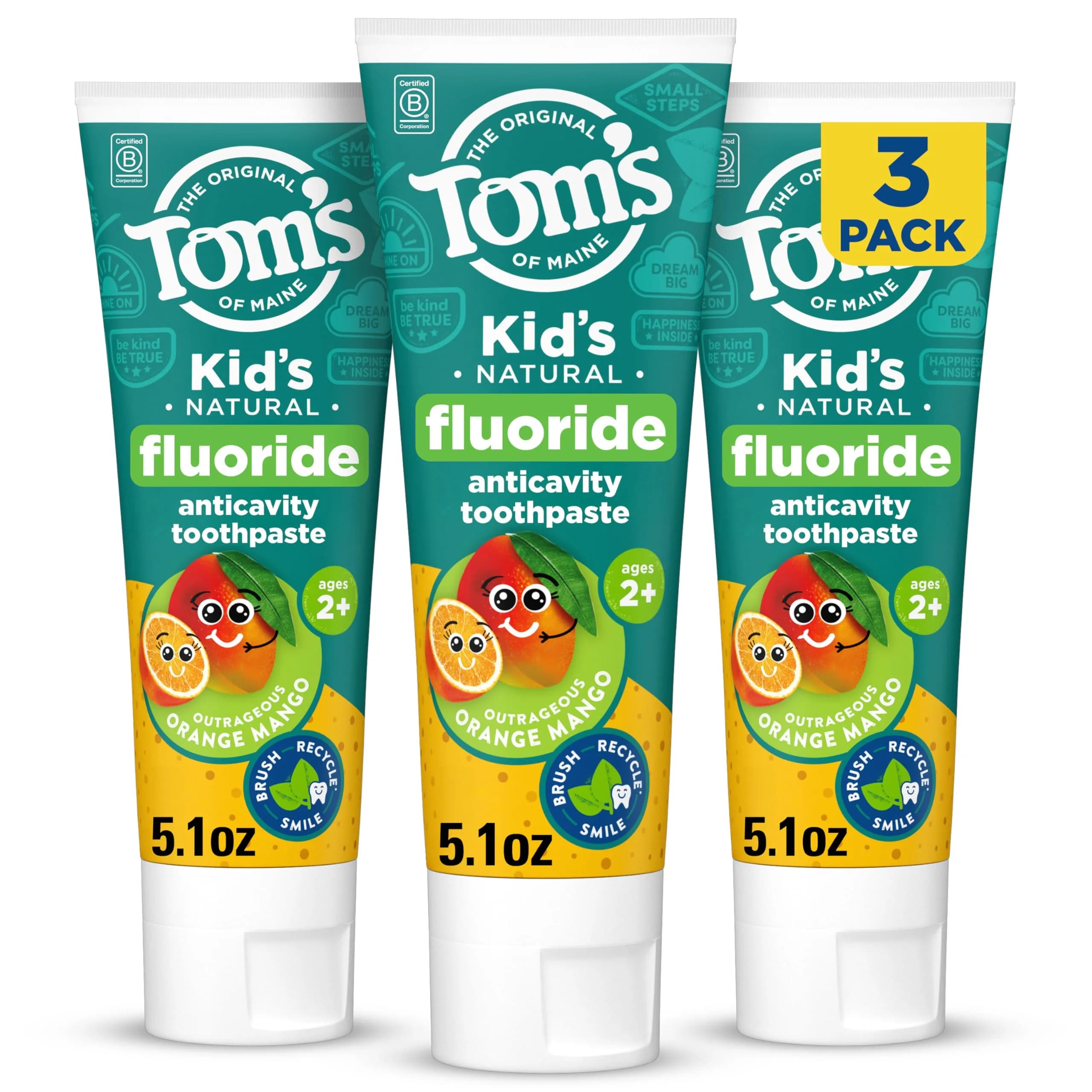 Tom's of Maine Natural Kids Fluoride Toothpaste Orange Mango 15.3 oz (5.1 oz 3-Pack) | Cavity Protection for Ages 2-6