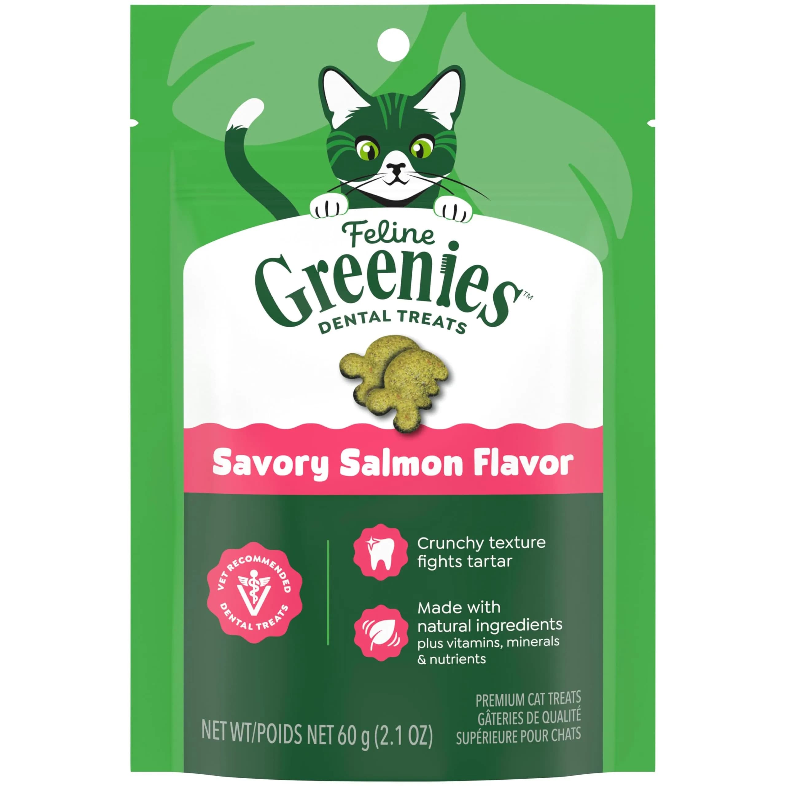 Greenies Feline Natural Crunchy Dental Cat Treats Salmon Flavor 9.75 oz (276 g) | Vet-Recommended Oral Care — Salmon / 2.1 Ounce