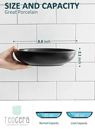 Teocera Matte Black Pasta Bowls Set of 4 | 35oz Porcelain Serving Bowls for Pasta & Salad thumbnail 2