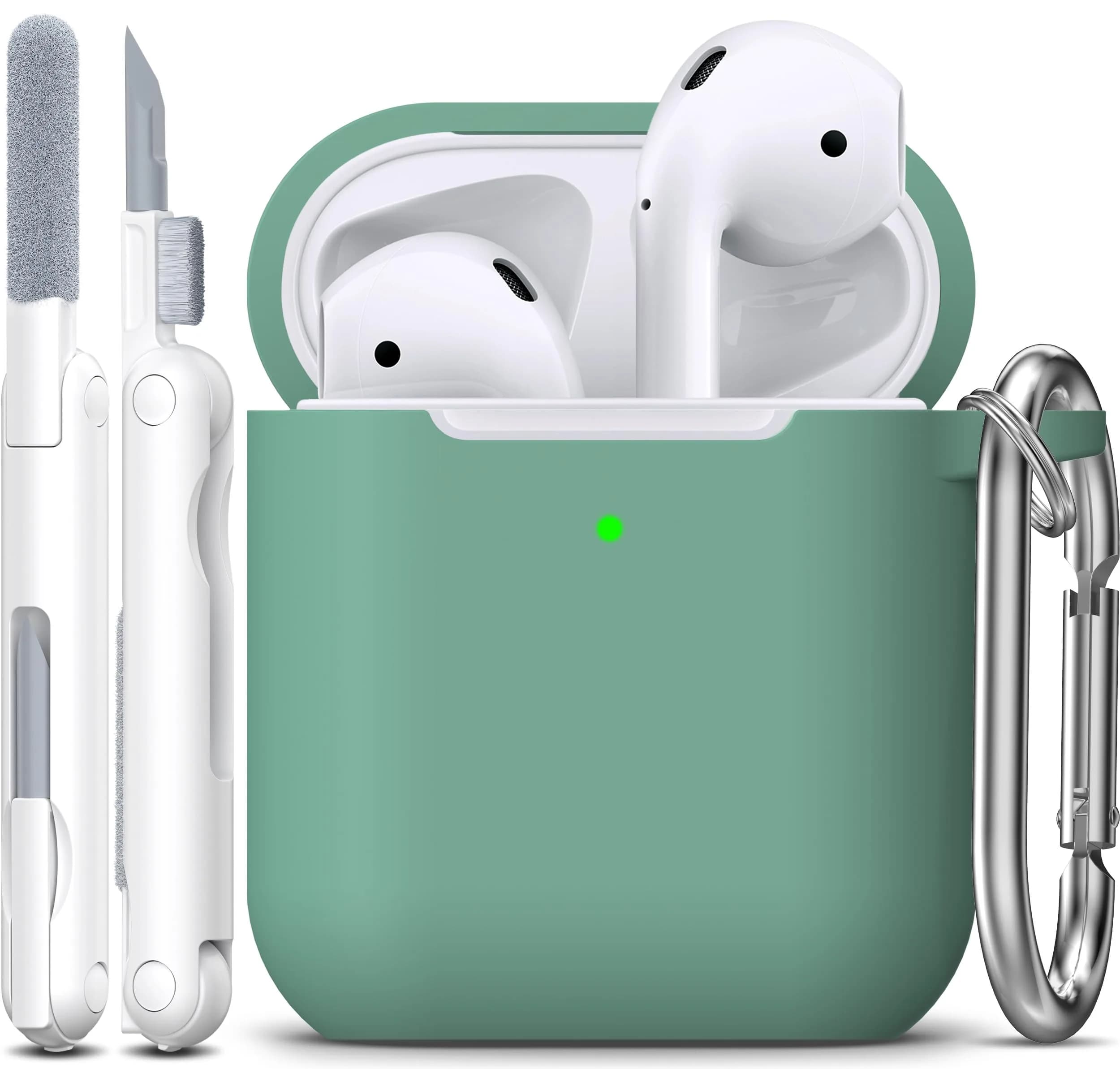 R-fun Dark Gray Silicone Case for AirPods 1st & 2nd Gen | Protective Cover with Carabiner & Cleaner Kit — E1-Pine Green
