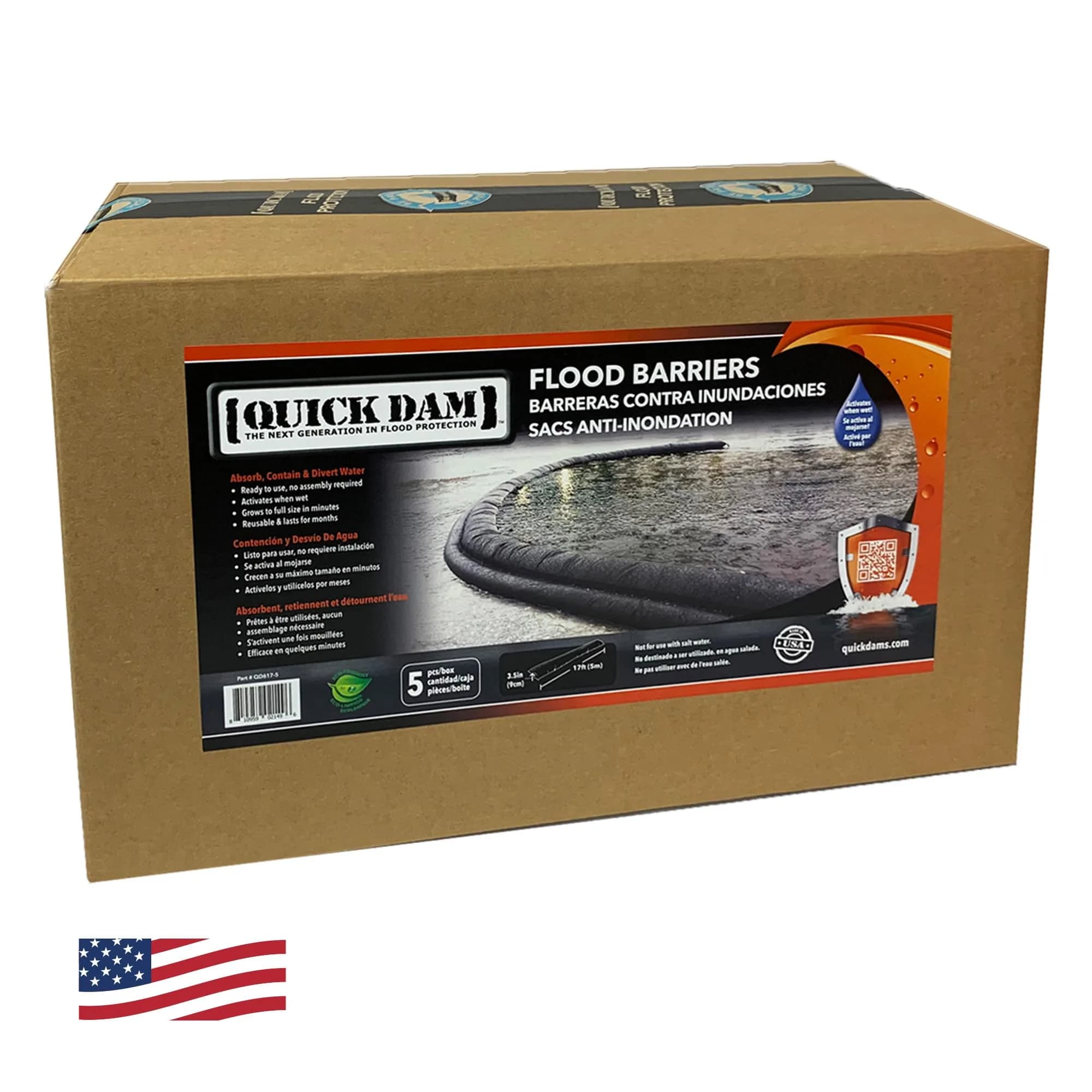Quick Dam Water Activated Flood Barriers, 17ft | Self-Inflating Flood Control Pack