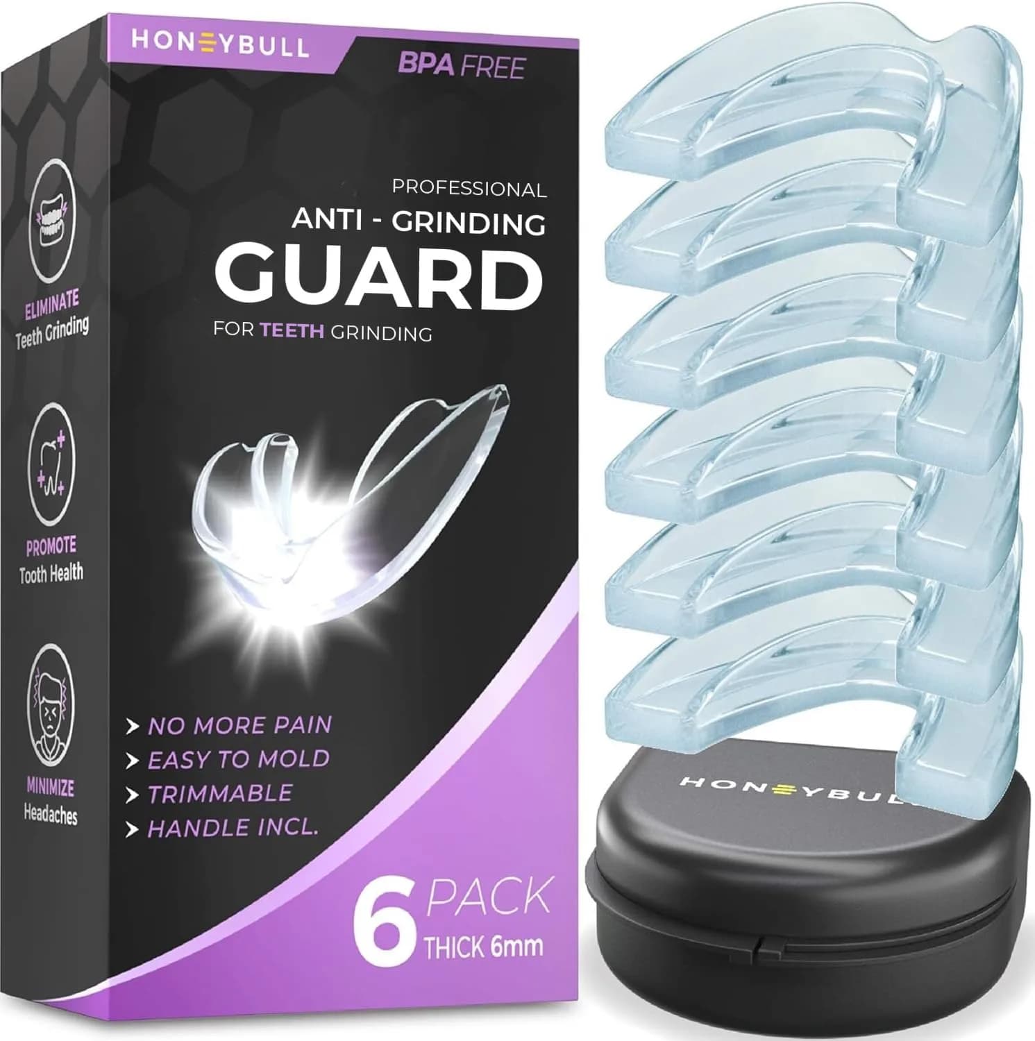 HONEYBULL Custom-Fit Thick Night Guards 6 Pack (Clear) | Boil-and-Bite Dental Protection