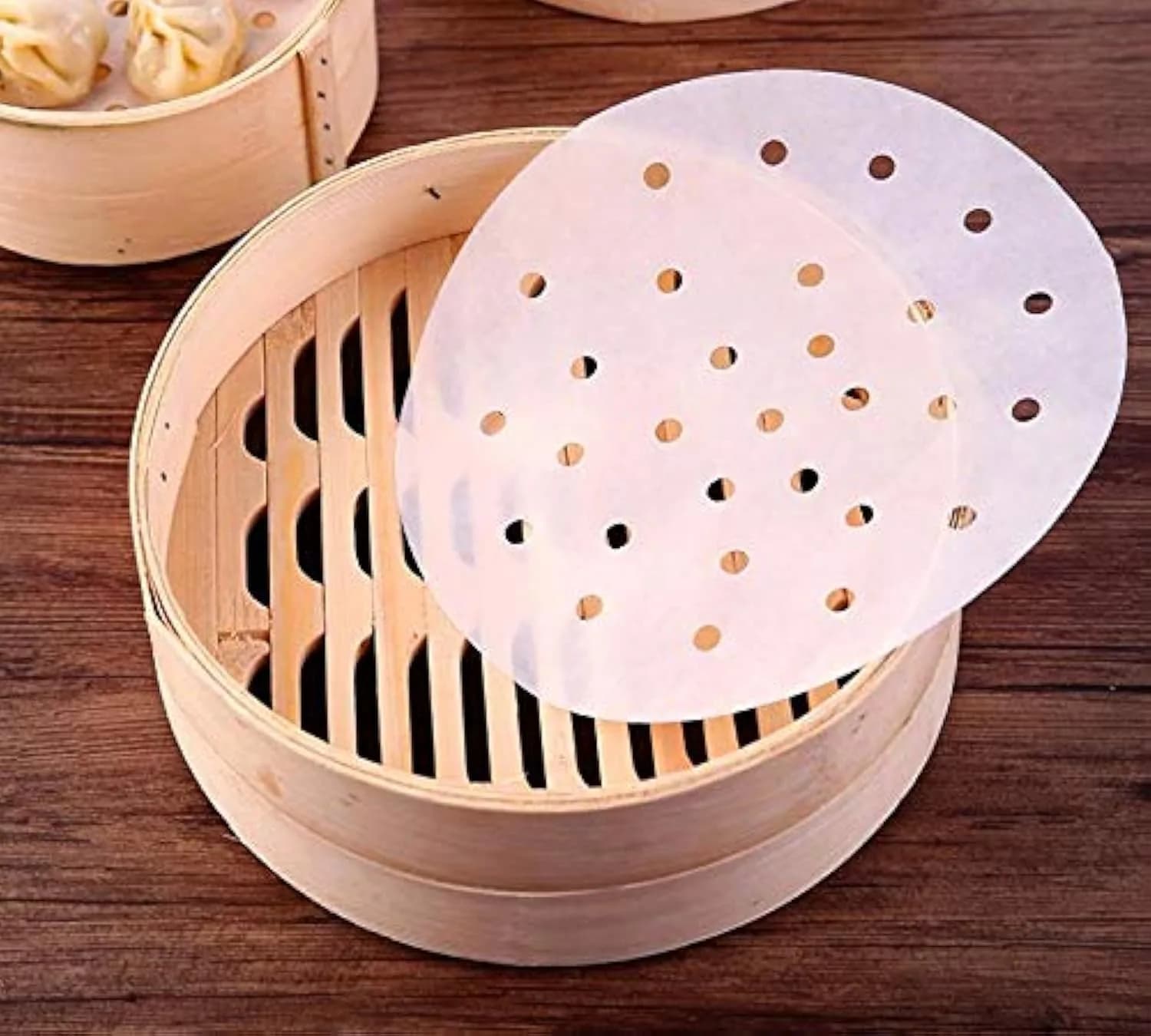 HTBMALL 10-Inch Round Air Fryer Liners (100-Pack) | Perforated Parchment Steaming Papers for Air Fryers, Ovens, and Bamboo Steamers - main product image
