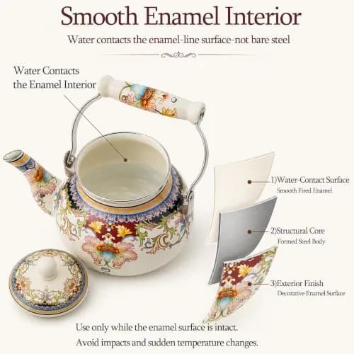 OLYTARU 2.5-Qt Floral Enamel Tea Kettle No Whistle | Vintage Floral Design, 2.4L Capacity, Compatible with Gas & Induction thumbnail 5