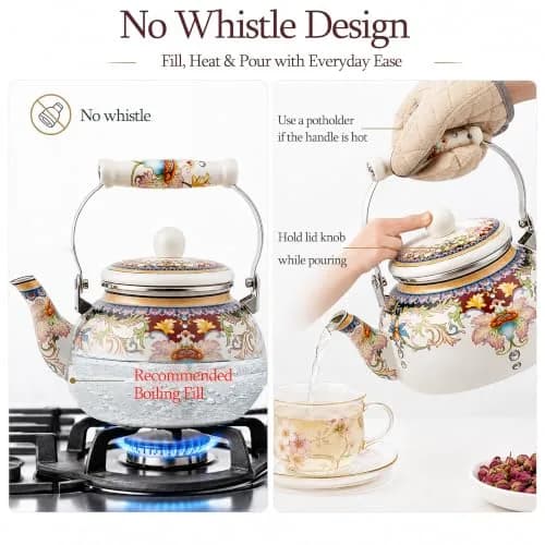 OLYTARU 2.5-Qt Floral Enamel Tea Kettle No Whistle | Vintage Floral Design, 2.4L Capacity, Compatible with Gas & Induction thumbnail 6