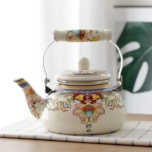 OLYTARU 2.5-Qt Floral Enamel Tea Kettle No Whistle | Vintage Floral Design, 2.4L Capacity, Compatible with Gas & Induction thumbnail 7