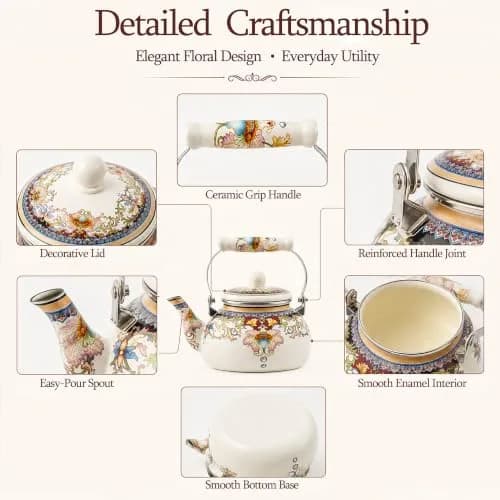OLYTARU 2.5-Qt Floral Enamel Tea Kettle No Whistle | Vintage Floral Design, 2.4L Capacity, Compatible with Gas & Induction thumbnail 2