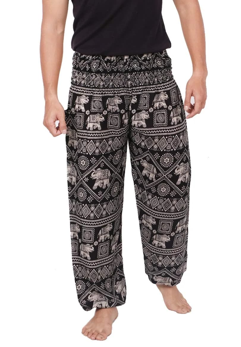 Banjamath Mens Yoga Harem Lounge Boho Parachute Pants Waist 36-40 Elephant Black | Loose Baggy Style for Relax & Festivals - main product image