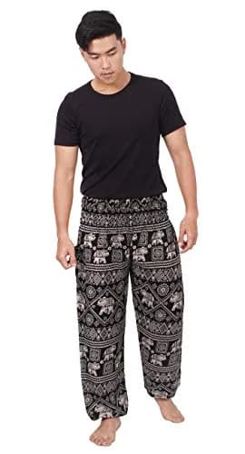 Banjamath Mens Yoga Harem Lounge Boho Parachute Pants Waist 36-40 Elephant Black | Loose Baggy Style for Relax & Festivals thumbnail 2