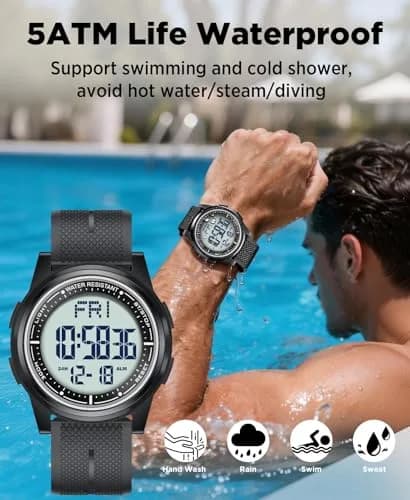 Beeasy Digital Watch for Men Women 44mm Black Silicone | Ultra-Thin Lightweight Sports Watch with Alarm Stopwatch Countdown thumbnail 2