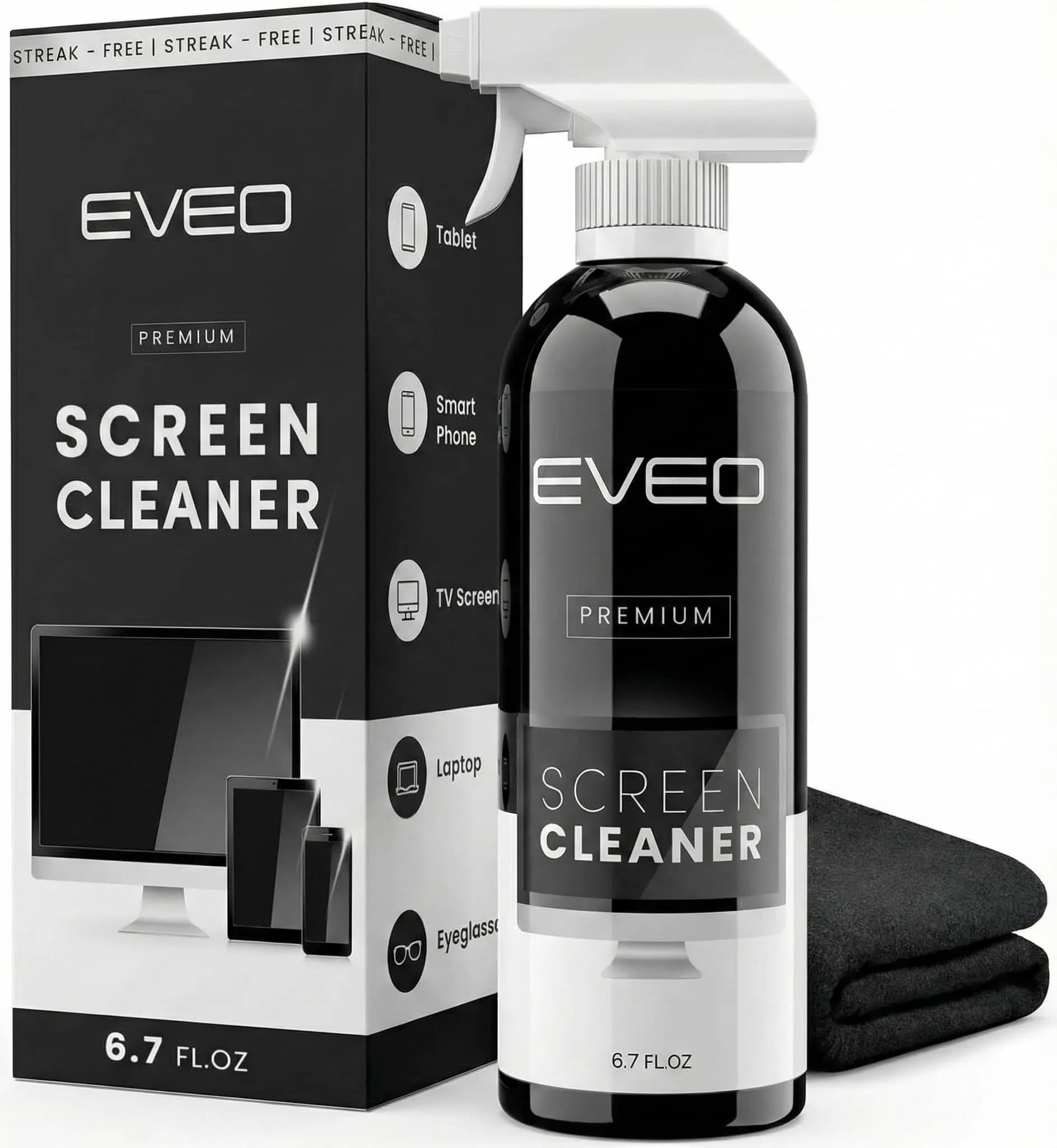 EVEO Screen Cleaner Spray with Microfiber Cloth - 200ml (6.76 Fl Oz) | Streak-Free Shine for All Screens - main product image