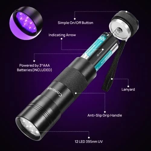 Consciot 12 LED UV Blacklight Flashlight 395nm | Pet Urine Detector for Dry Stains & Scorpions thumbnail 2