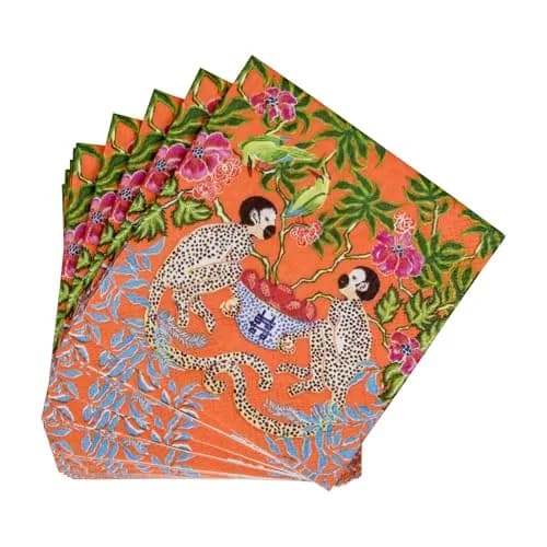 Caspari Monkeys Paper Cocktail Napkins in Orange | Eco-Friendly 3-Ply 80 Count thumbnail 4