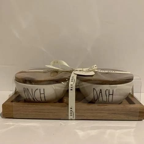Rae Dunn PINCH & DASH Mini Bowls with Wood Lid & Tray | Ceramic & Wood Gift Set, Very Rare - main product image
