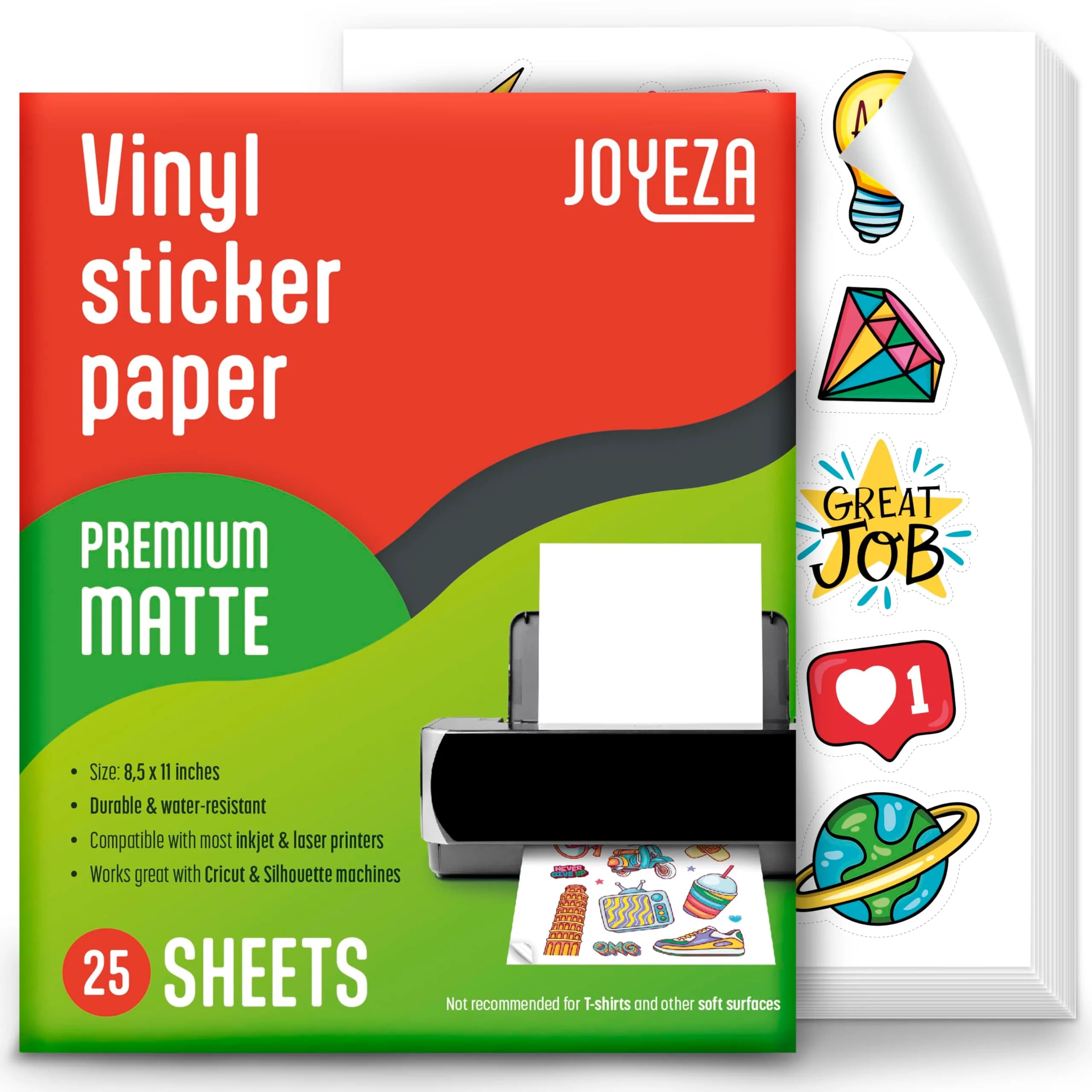 JOYEZA Premium Printable Vinyl Sticker Paper for Inkjet Printer - 25 Sheets Matte White Waterproof, Dries Quickly Vivid Colors, Holds Ink well- Tear Resistant - main product image