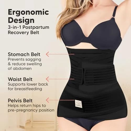 KeaBabies Revive 3-in-1 Postpartum Belly Support Recovery Wrap Band Midnight Black XL | Supports Core & Pelvis thumbnail 2