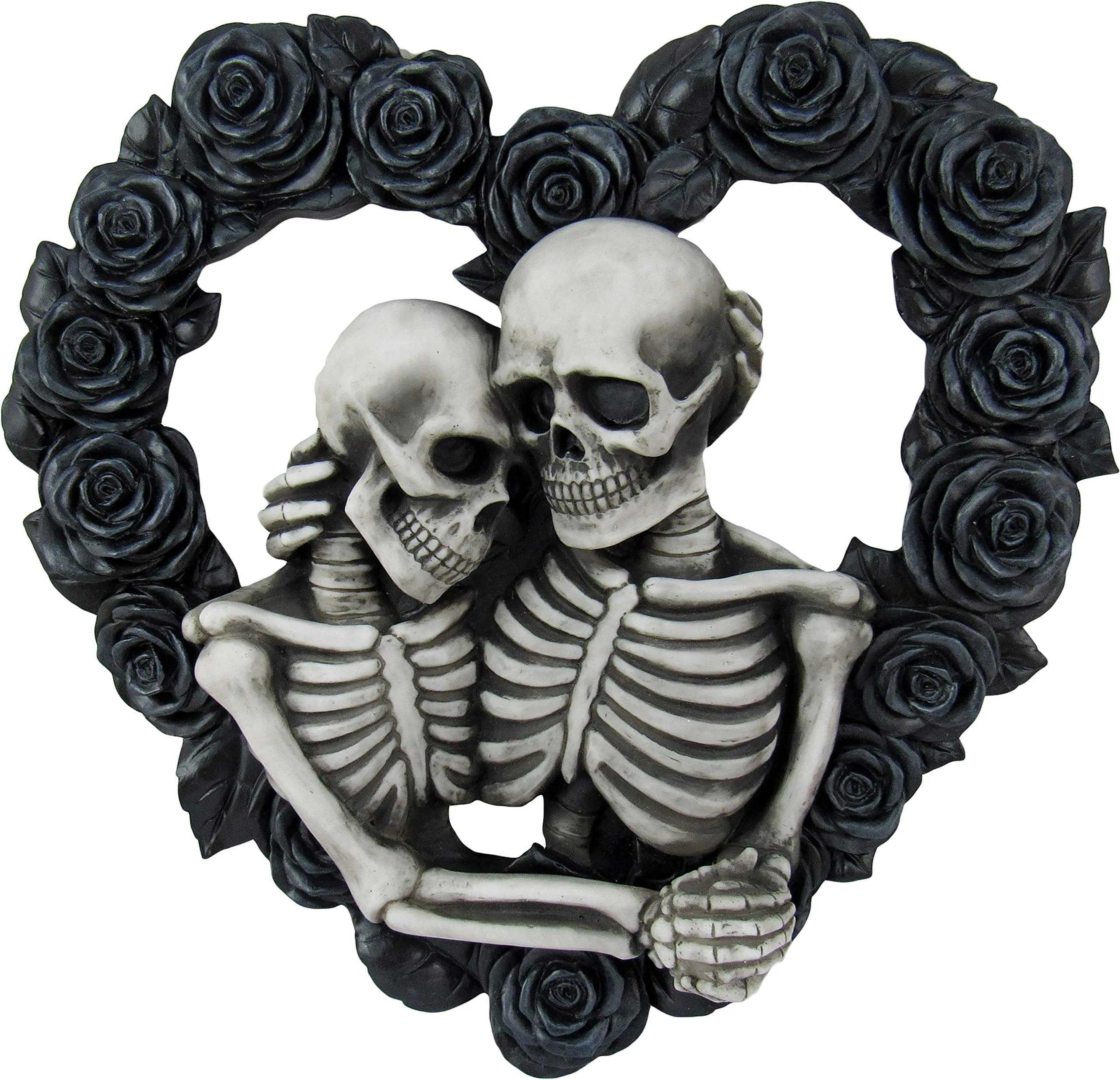 DWK Love Eternal Skeleton Couple Black Rose Wreath Wall Sculpture 34 cm (13.5" W x 12.5" H x 2.5" D) | Hand-Painted Resin Decor — Black