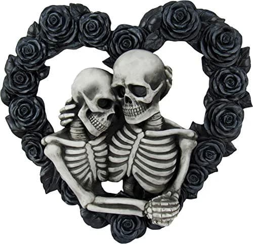 DWK Love Eternal Skeleton Couple Black Rose Wreath Wall Sculpture 34 cm (13.5" W x 12.5" H x 2.5" D) | Hand-Painted Resin Decor thumbnail 1